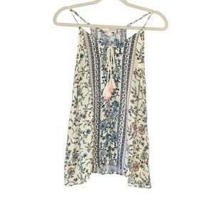LUQ white‎ floral bohemian tassel tie razorback tank top blouse. Size M